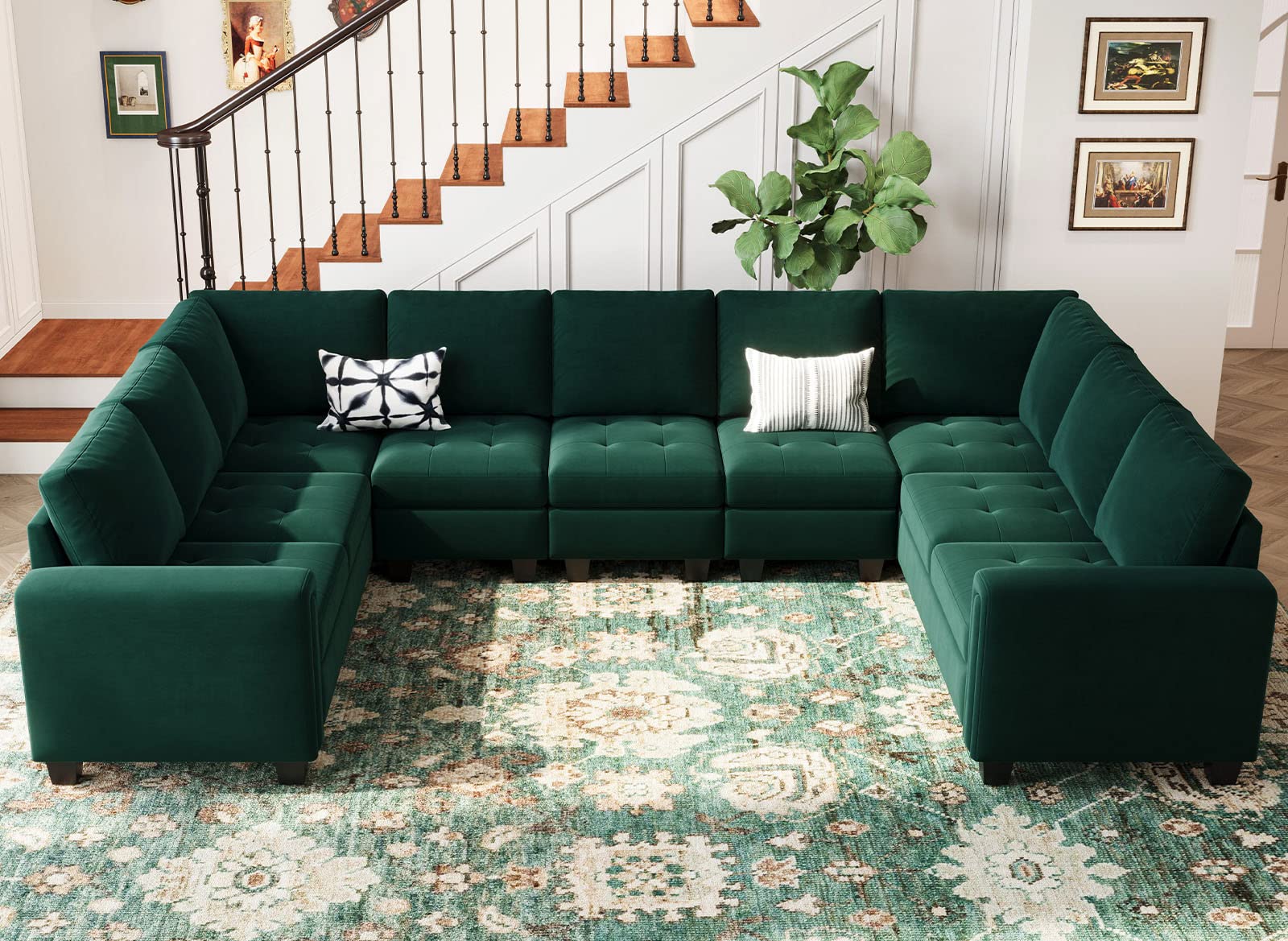 Belffin Oversized Velvet Modular 9 Seater U-Shape Sectional Sofa Set with Chaise Convertible sectional Sofa Couch Set Modular Couch Corner U Shaped Sectoional Sofa Green