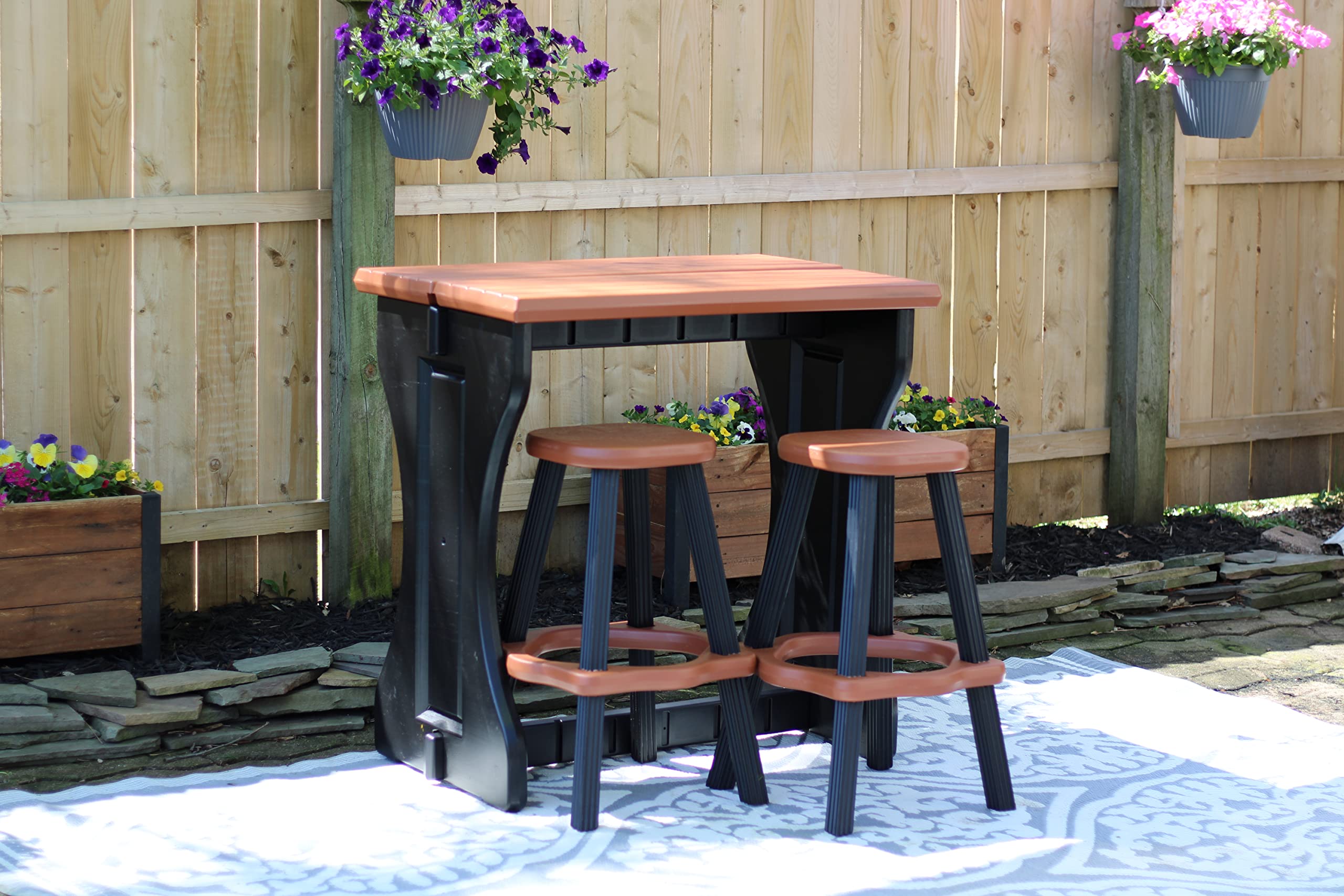 Leisure Accents Double Bar Set Includes 2 Barstools Redwood Top & Black Base Ideal for Patio Hot Tub Area Backyard Durable WeatherResistant Design Easy Nohardware Assembly Proudly Made in USA