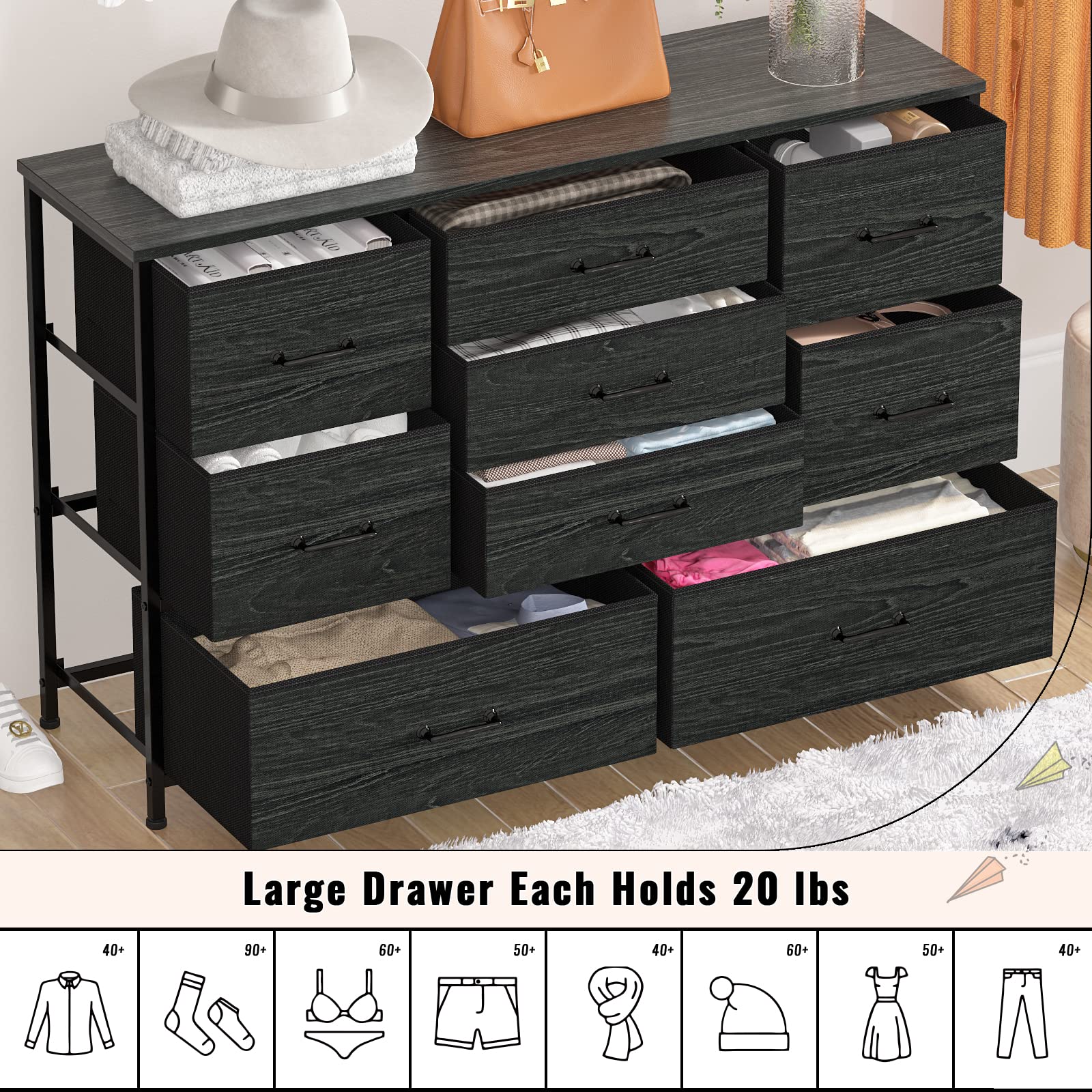 Furnulem Wide Dresser with 9 Large Drawers for 55'' Long TV Stand and 8 Drawer Dresser Wide 47'' Long, Storage Chest of Drawer for 55'' TV Stand