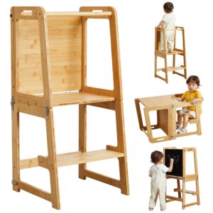 4-in-1 standing tower for toddlers and kids 1-6 years, bamboo kitchen learning helper stool with chalkboard, desk table, and chair (natural)