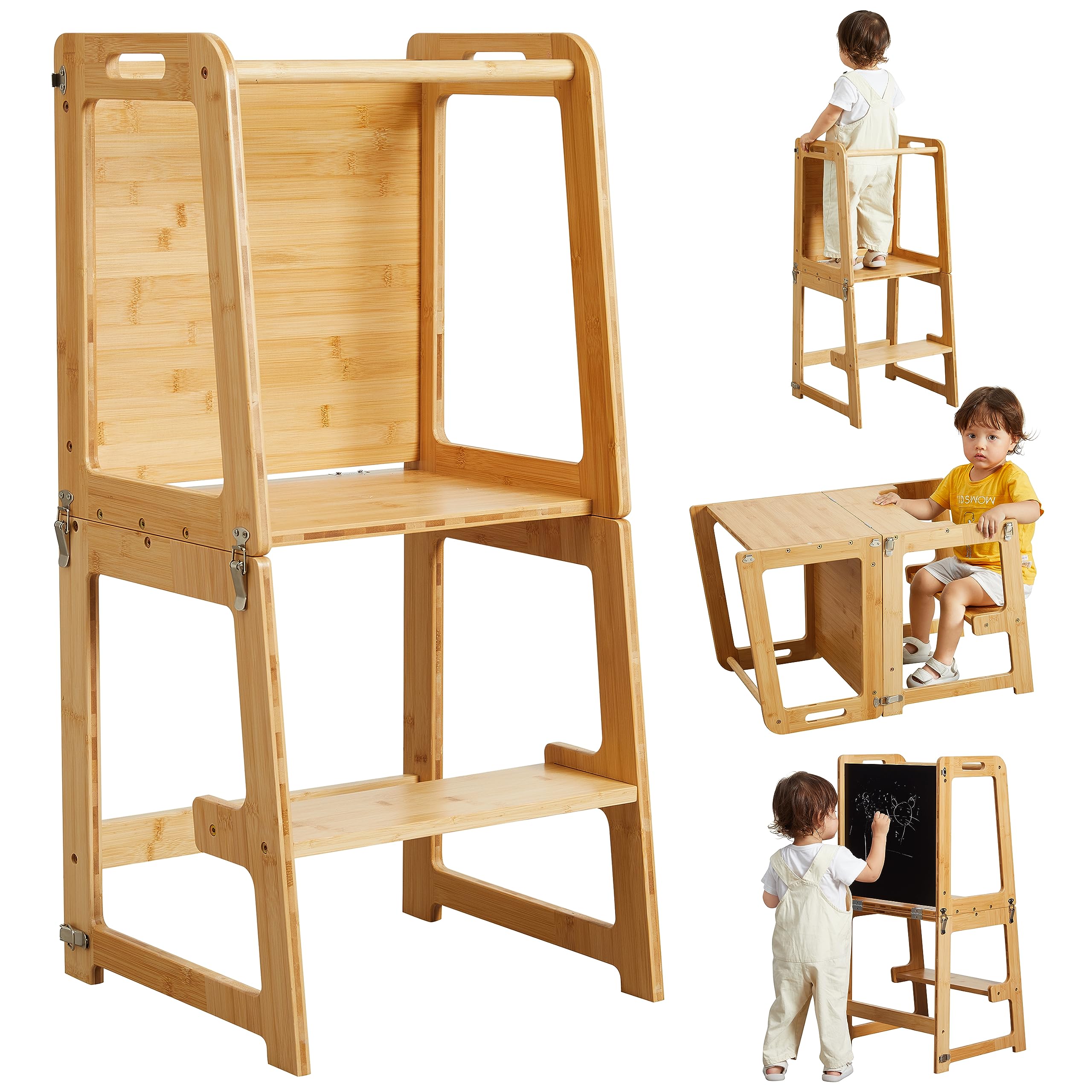 4-in-1 Standing Tower for Toddlers and Kids 1-6 Years, Bamboo Kitchen Learning Helper Stool with Chalkboard, Desk Table, and Chair (Natural)