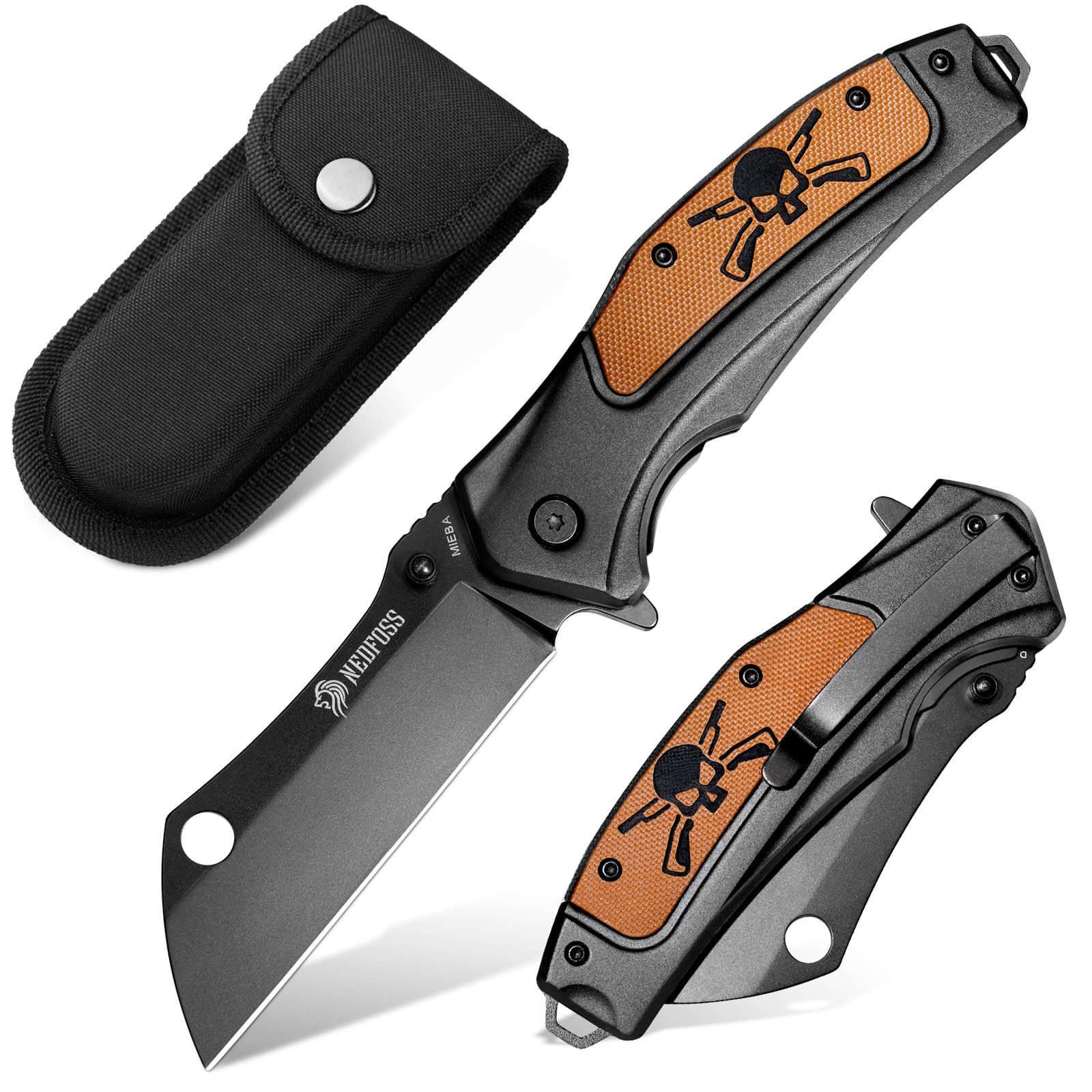 NedFoss Mieba Pocket Knife, 3.5" D2 Steel Pocket Knives & Folding Knives, Tactical Knife Folding Cleaver EDC Knife with Sheath, Pocketclip, Unique Skull G10 Handle Utility Knife