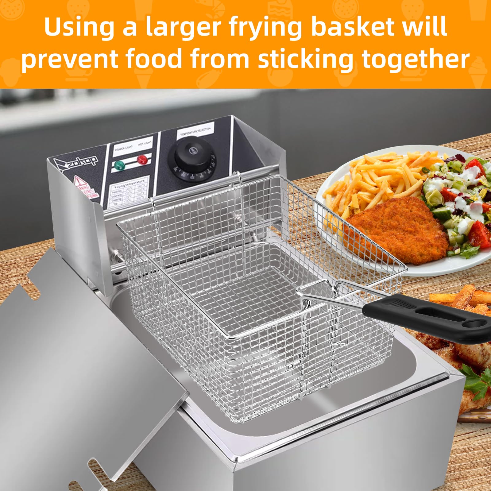 Delizon Electric Fryer Basket for Frying Serving Food, with Rubber Handle Grip, 7.2" x 8.3" x 4.3" Heavy Duty Construction Suitable for fry chicken, fish, french fries