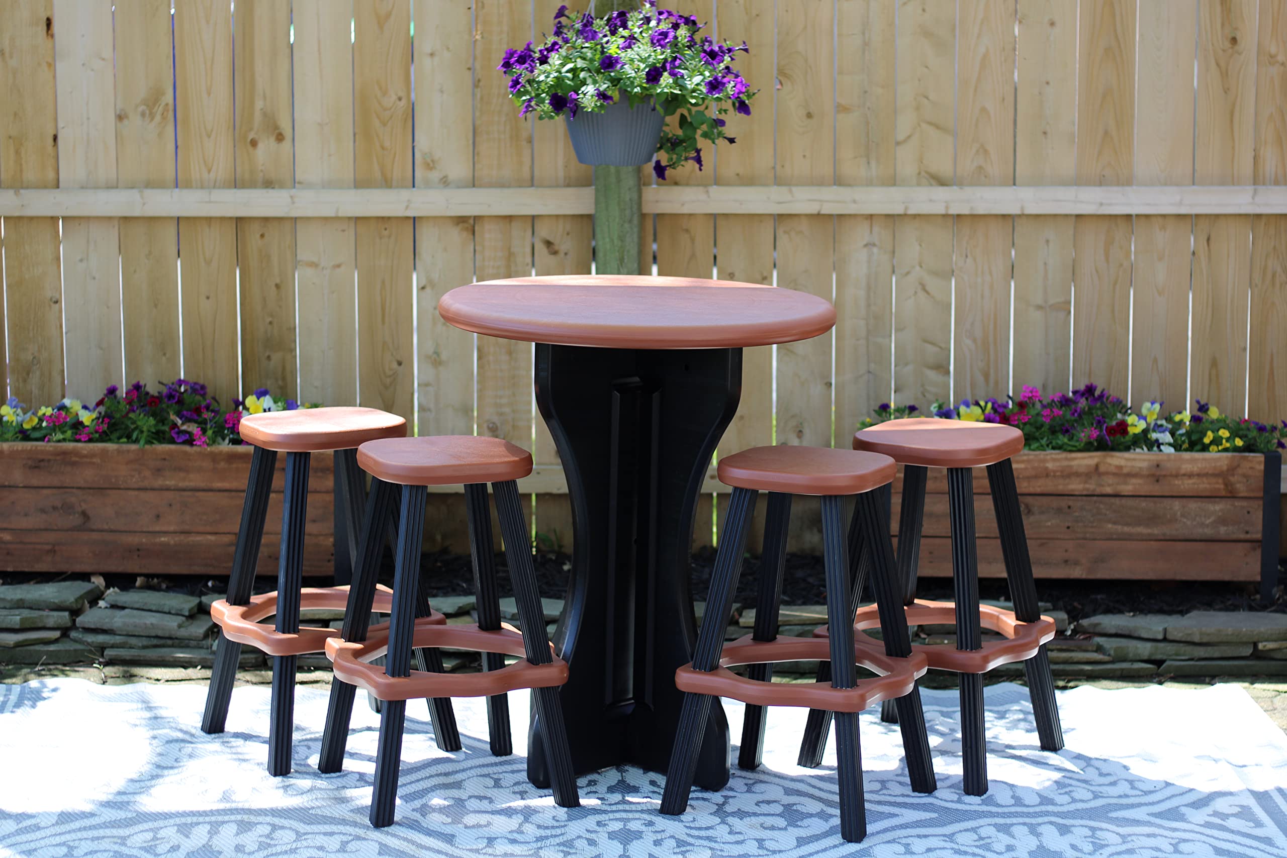 Leisure Accents Patio Table Set with Four Barstools - Black Base with Redwood Accents - Perfect for Patio and Outdoor Spaces. Hardware Free Easy Assembly. Proudly Made in USA