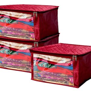 atorakushon Satin Fabric Foldable Garments Saree Blouse Cover Bag Pouch Closet Wardrobe Organizer With Clear Window Zipper Lock Pack of 3 (Maroon)