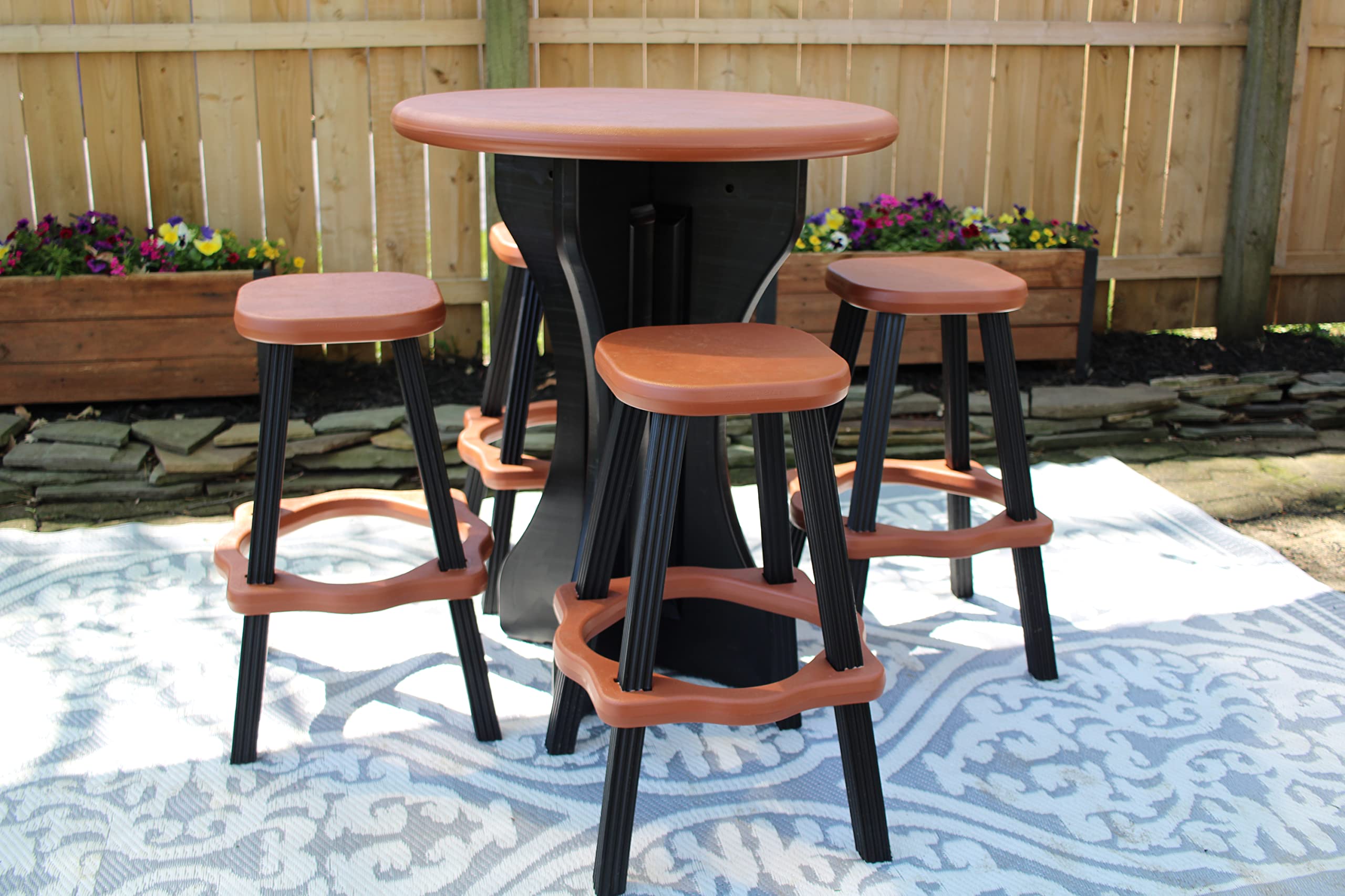 Leisure Accents Patio Table Set with Four Barstools - Black Base with Redwood Accents - Perfect for Patio and Outdoor Spaces. Hardware Free Easy Assembly. Proudly Made in USA