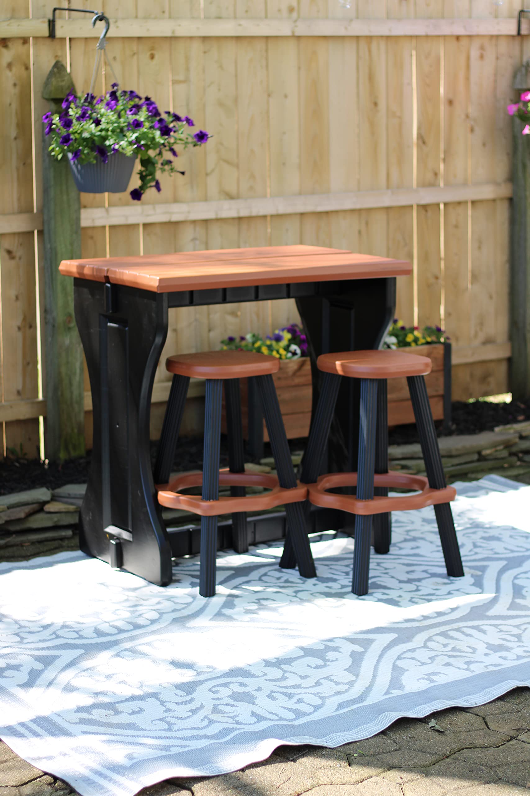 Leisure Accents Double Bar Set Includes 2 Barstools Redwood Top & Black Base Ideal for Patio Hot Tub Area Backyard Durable WeatherResistant Design Easy Nohardware Assembly Proudly Made in USA