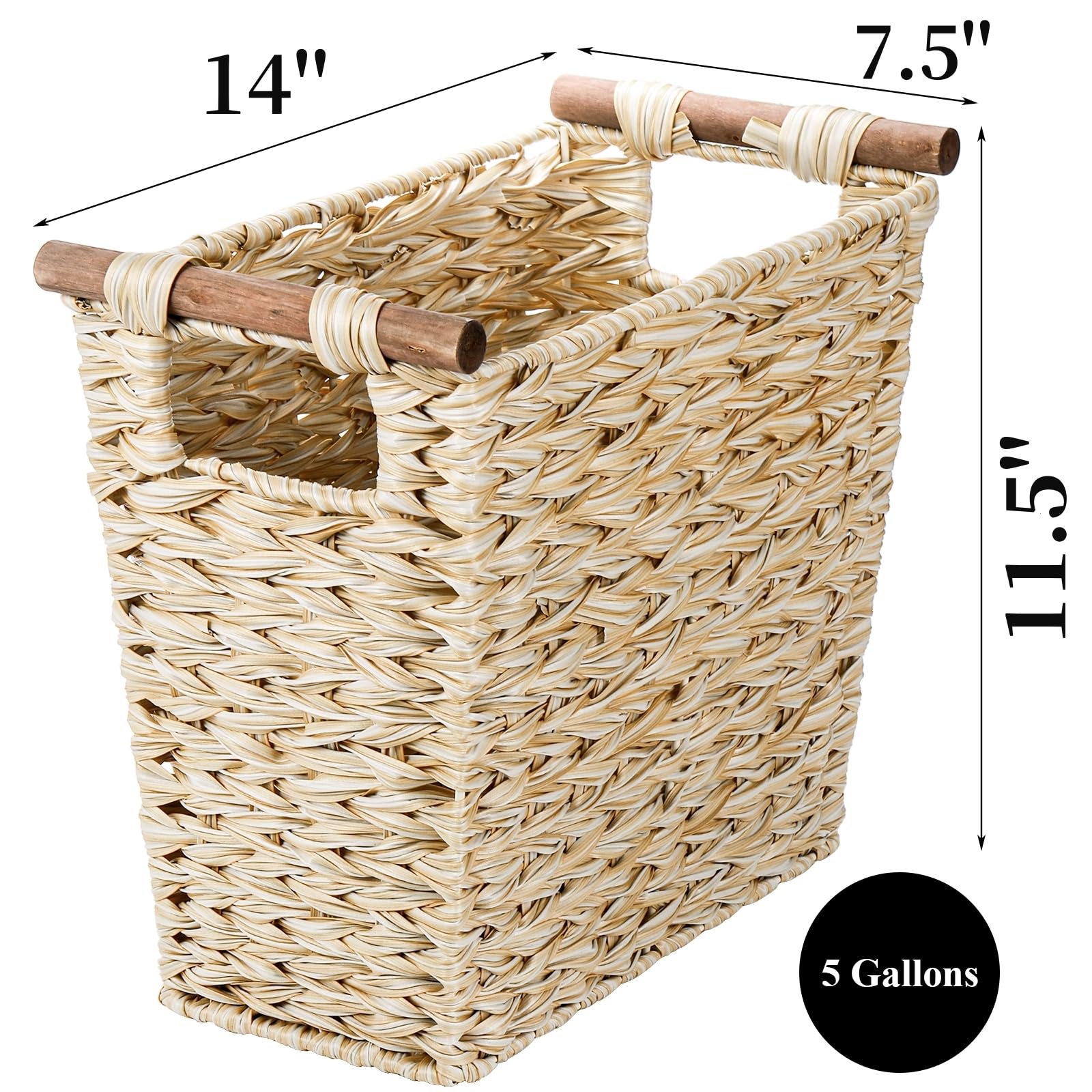 Pumtus Woven Waste Basket, Plastic Wicker Trash Can with Wooden Handles, Rectangular Storage Basket Garbage Container Bin for Bathroom, Office, Kitchen, Home, Laundry, Utility Room, Garage