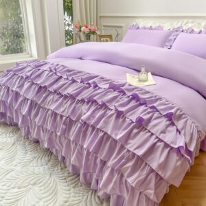 MOOWOO Girls Bedding,Waterfall Ruffle Duvet Cover -Twin 2 Piece Shabby Chic Bedding Solid Color Soft and Breathable with Zipper Closure,Corner Ties,Aesthetic Bedding-Purple,Twin