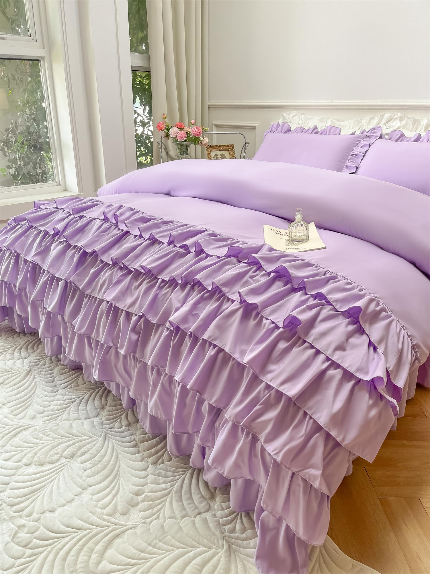 MOOWOO Girls Bedding,Waterfall Ruffle Duvet Cover -Twin 2 Piece Shabby Chic Bedding Solid Color Soft and Breathable with Zipper Closure,Corner Ties,Aesthetic Bedding-Purple,Twin