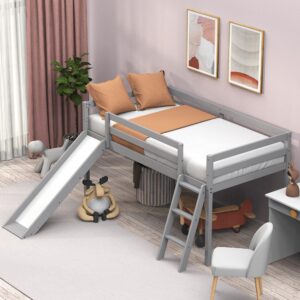 xilingol low loft bed with slide, wood twin bed frame with climbing ladder for toddler kids, grey