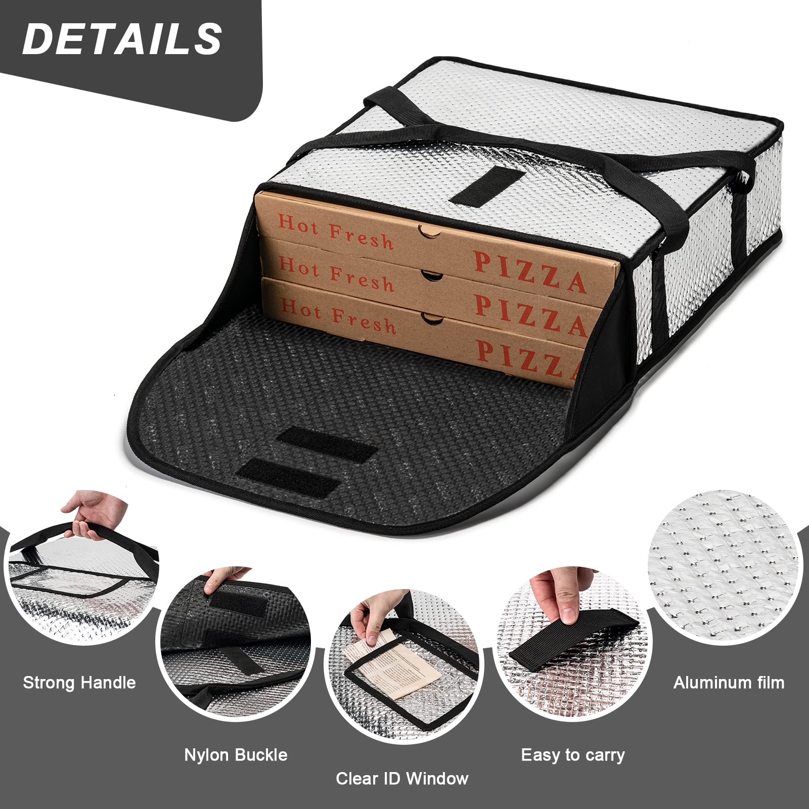 iceMi Pizza Bags for Delivery 20" X 20" X 5" - Moisture-Free, Professional Thermal Pizza Warmer, Heavy-Duty Food Carrier, Suitable for Restaurants,Picnic Uber Eats & Door Dash（ Silver）