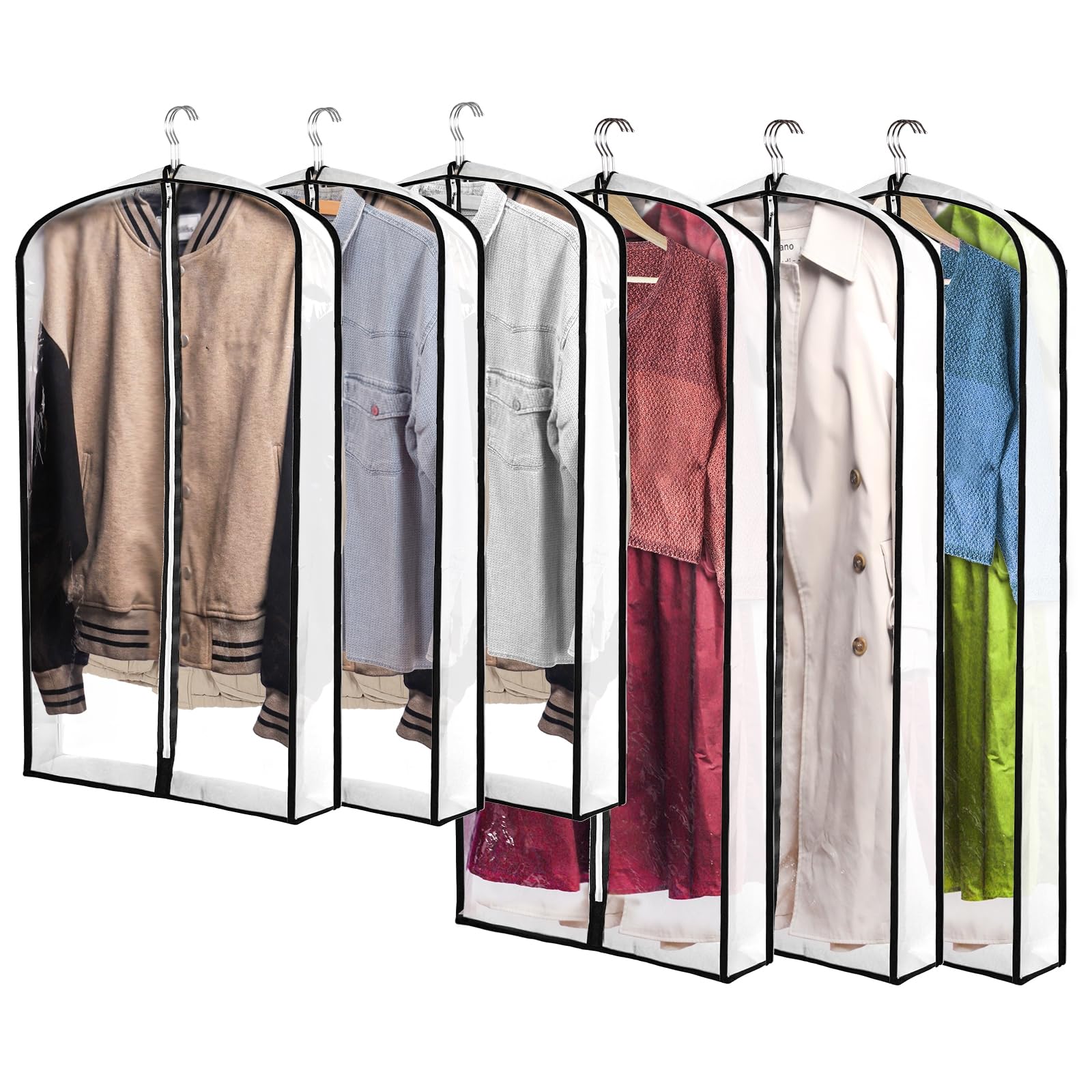 Pumtus 6 Pack Garment Bags, 50'' & 40'' Clear Hanging Clothes Covers, 4" Gussetes Plastic Large Suit Bag for Closet Storage, Transparent Dust Cover Protector Bag for Dress, Jacket, Coat, Sweater