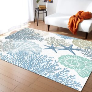 debedcor blue coral area rug for living room, coastal ocean nautical rectangular indoor carpet - 2' x 3', summer starfish shells marine themed non-skid bathroom mat kitchen runner rugs for bedroom