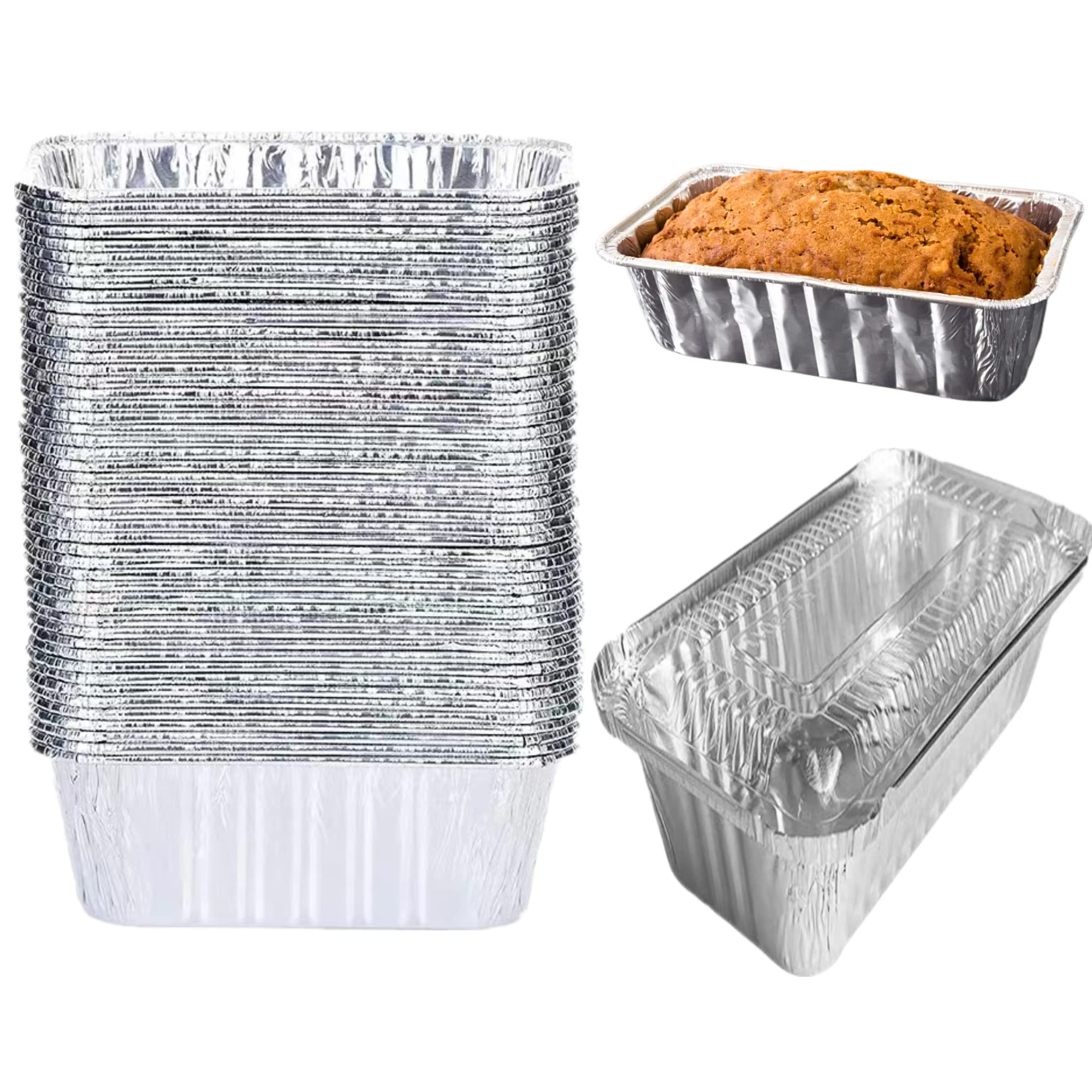 LUCKMETA 8x4 inch Aluminum Foil Pans with Clear Lids, 60 Pack, Heavy Duty, Recyclable, Suitable for Baking, Eating, and Storing