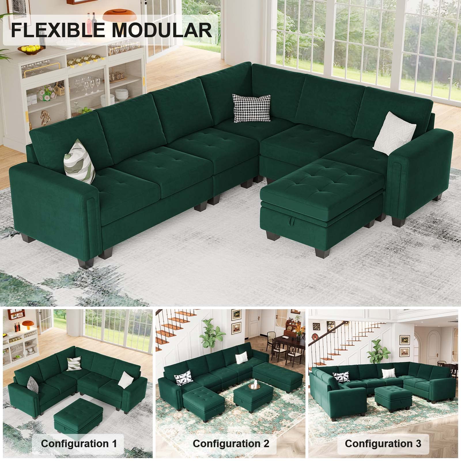 Belffin Velvet Modular Sectional Sofa with Storage Ottoman 6 Seater L Shaped Sectional Modular Sofa Couch with Reversible Chaise Convertible Corner Sectional Couch Green,