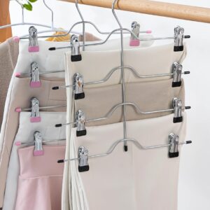 Solid Metal Skirt Hangers 4 Tier Pants Shorts Hangers Space Saving Hangers with Adjustable Clips Non Slip Grip for Slacks, Trousers, Shorts, Jeans, Towels, Pink, (2 Pieces) HL04P