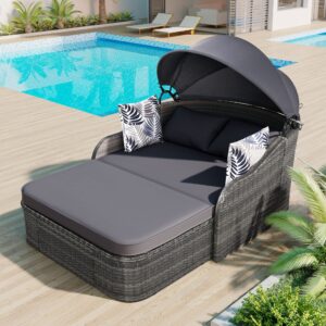 bellemave outdoor patio sunbed daybed with adjustable canopy,pe wicker rattan daybed double chaise lounger with cushions and pillows for garden, backyard(gray)