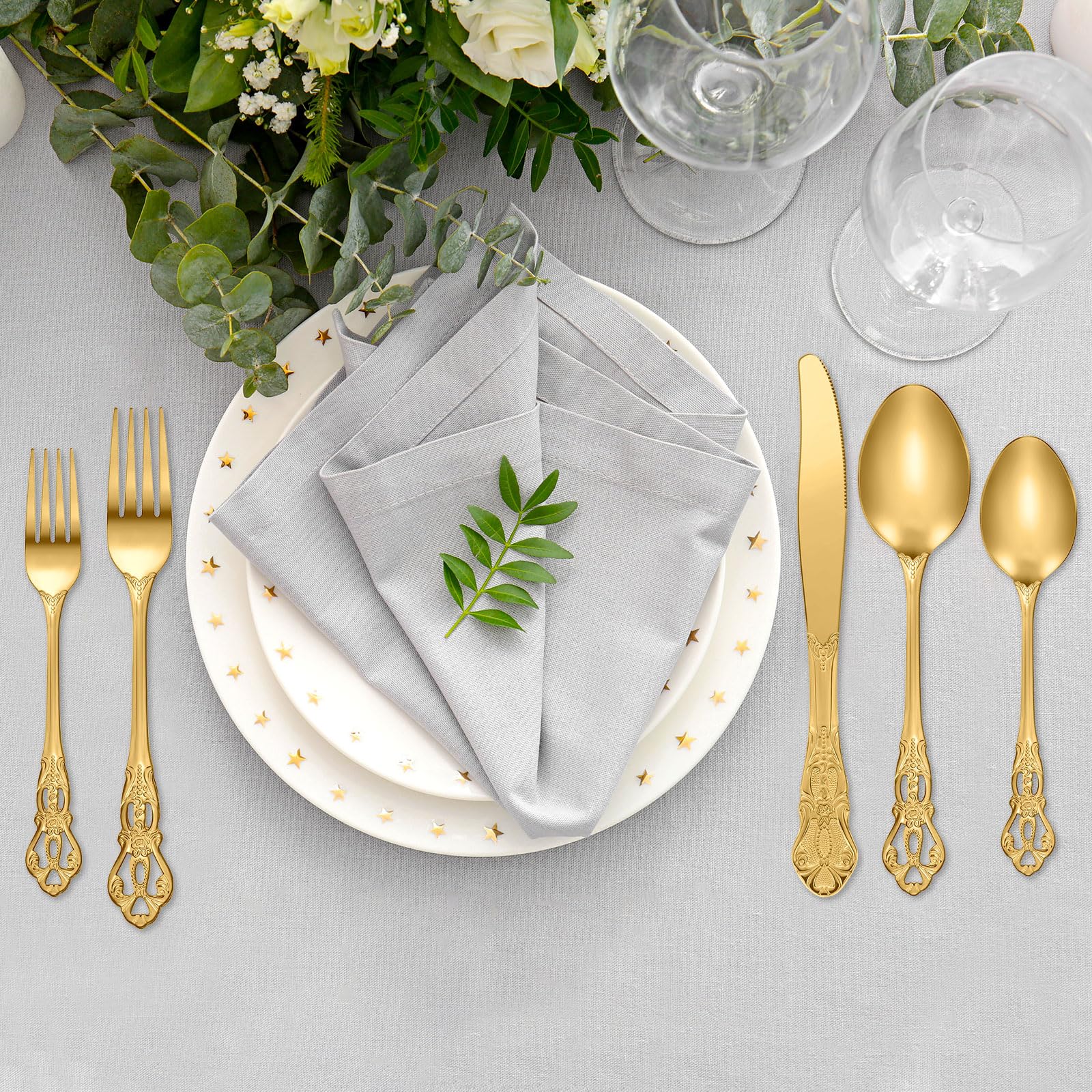 Dandat 30 Pcs Retro Silverware Set Stainless Steel Flatware Set Anti Rust Utensils Set Mirror Polished Cutlery Include Spoon Fork Knife for Dinnerware Wedding Birthday Party Favor (Gold)