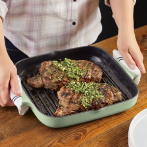 KitchenAid Enameled Cast Iron Square Grill and Roasting Pan, 11 Inch, Pistachio