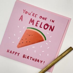 Old English Co. Funny One In A Melon Birthday Card for Her - Cute Birthday Greeting Card Daughter, Sister, Niece, Mum - Colourful Playful Watermelon Card Design for Women | Blank Inside with Envelope