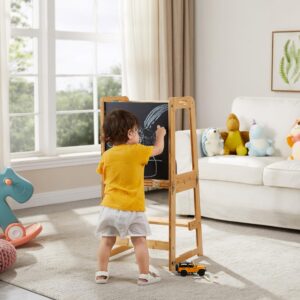 4-in-1 Standing Tower for Toddlers and Kids 1-6 Years, Bamboo Kitchen Learning Helper Stool with Chalkboard, Desk Table, and Chair (Natural)