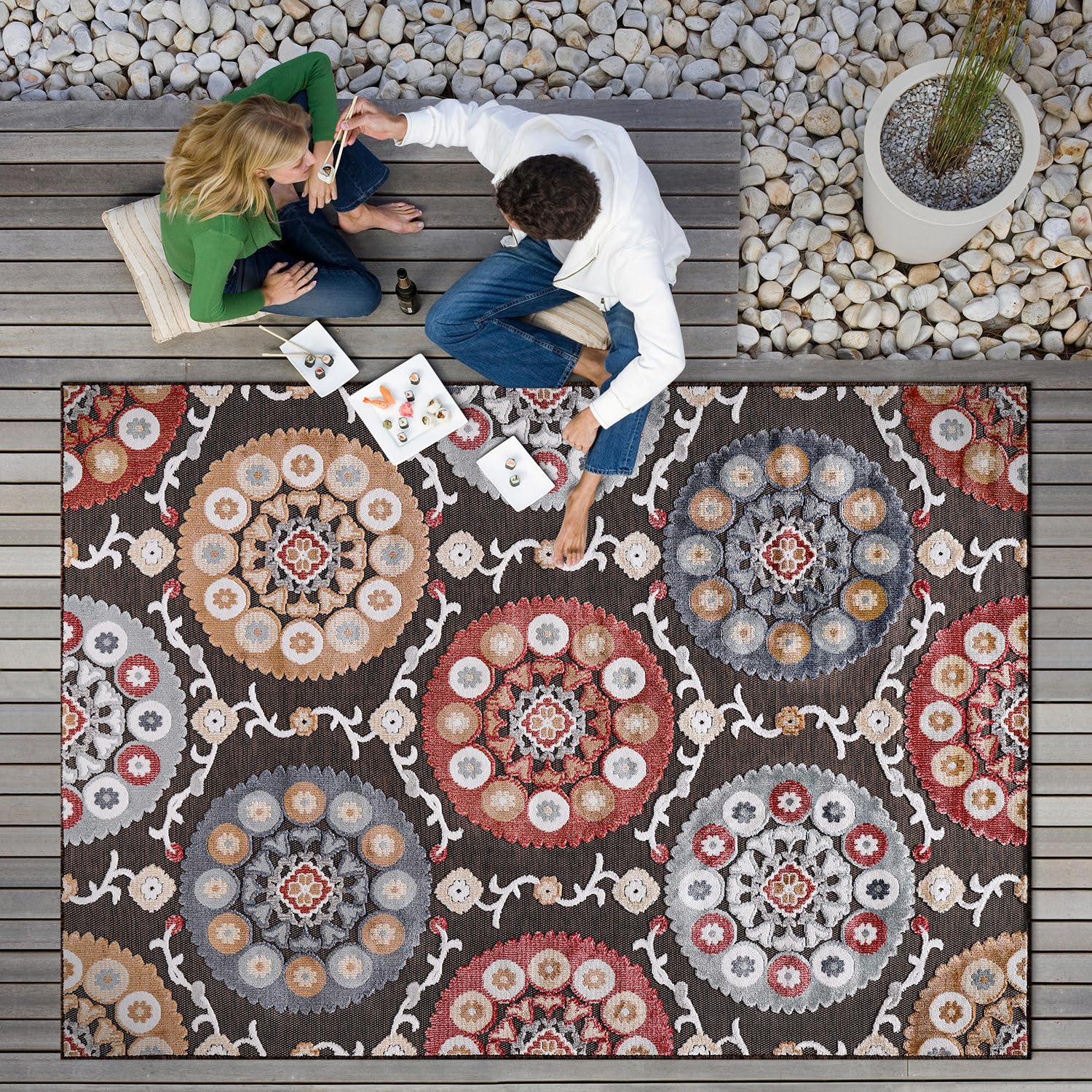 CAMILSON Indoor/Outdoor Rug 5x7 Bohemian Medallion Floral Area Rugs for Indoor and Outdoor Patios Easy-Cleaning Non-Shedding Living Room Garden and Kitchen Washable Outside Carpet (5 x 7 / Brown)