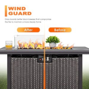 Nuu Garden Outdoor 43-inch 50,000 BTU Propane Gas Fire Pit Table, Aluminum Tabletop and PE Rattan Weaved Steel Frame, Water-Proof Oxford Cover, Glass Fire Pit Wind Guard, Glass Beads, Lid, Dark Brown