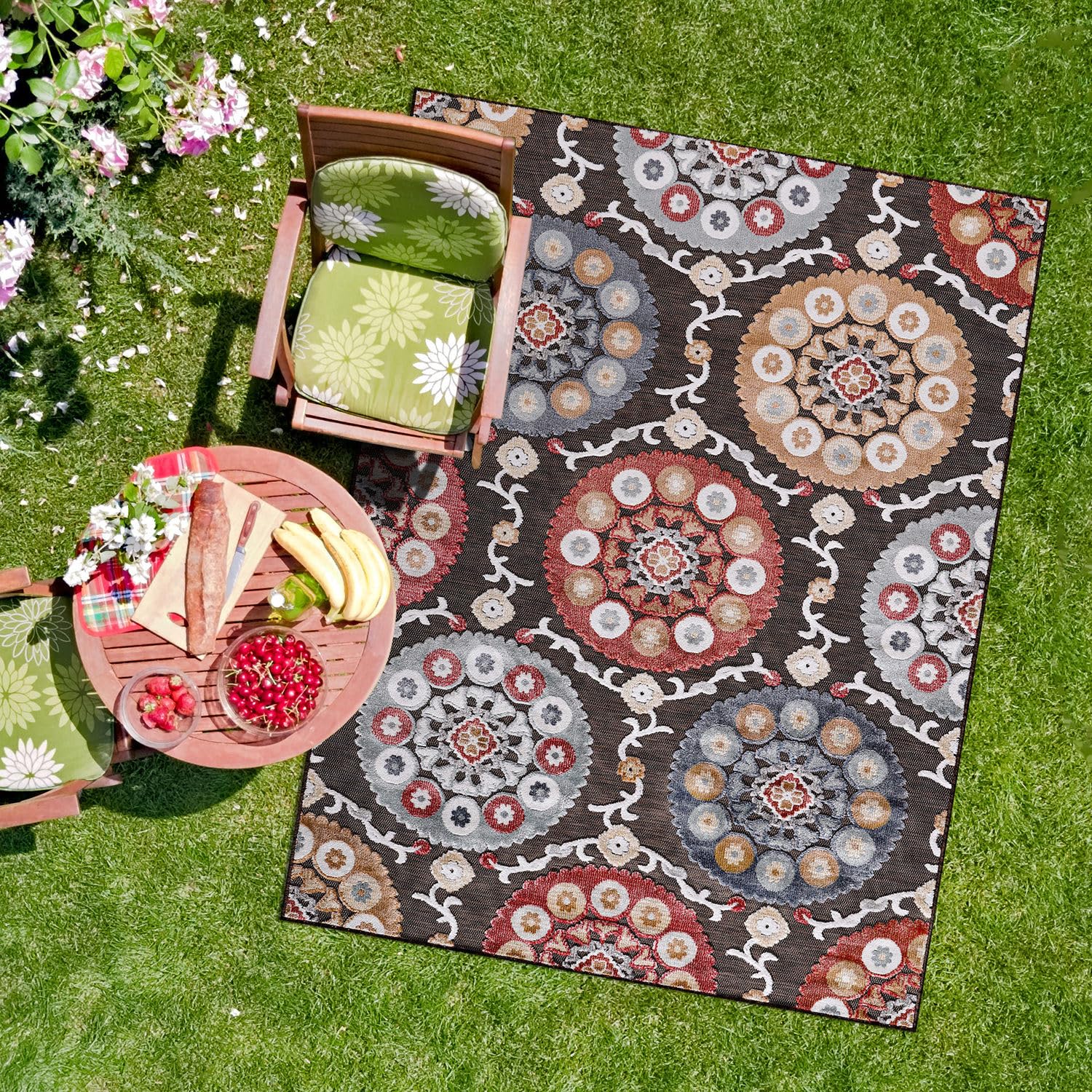 CAMILSON Indoor/Outdoor Rug 5x7 Bohemian Medallion Floral Area Rugs for Indoor and Outdoor Patios Easy-Cleaning Non-Shedding Living Room Garden and Kitchen Washable Outside Carpet (5 x 7 / Brown)