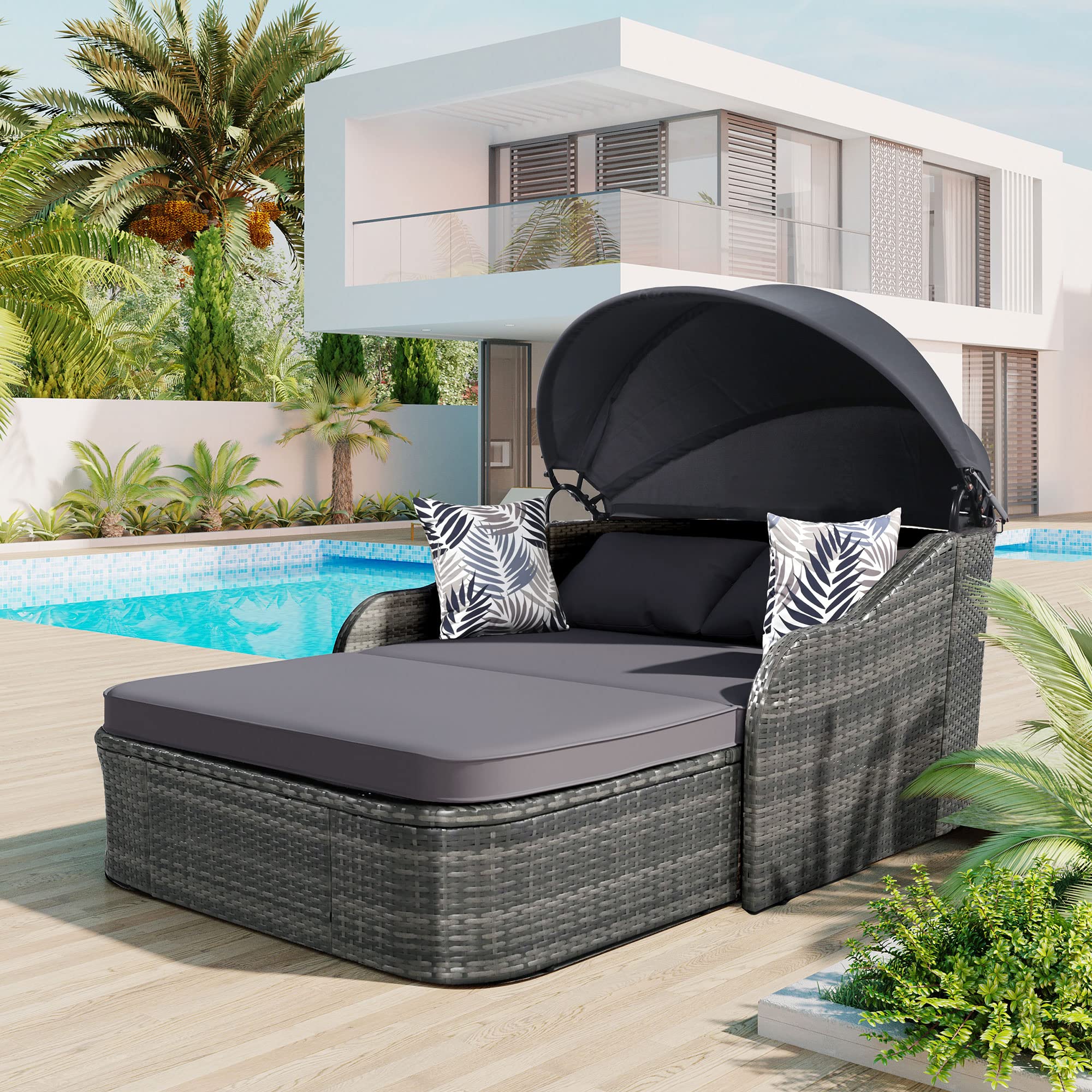 Bellemave Outdoor Patio Sunbed Daybed with Adjustable Canopy,PE Wicker Rattan Daybed Double Chaise Lounger with Cushions and Pillows for Garden, Backyard(Gray)