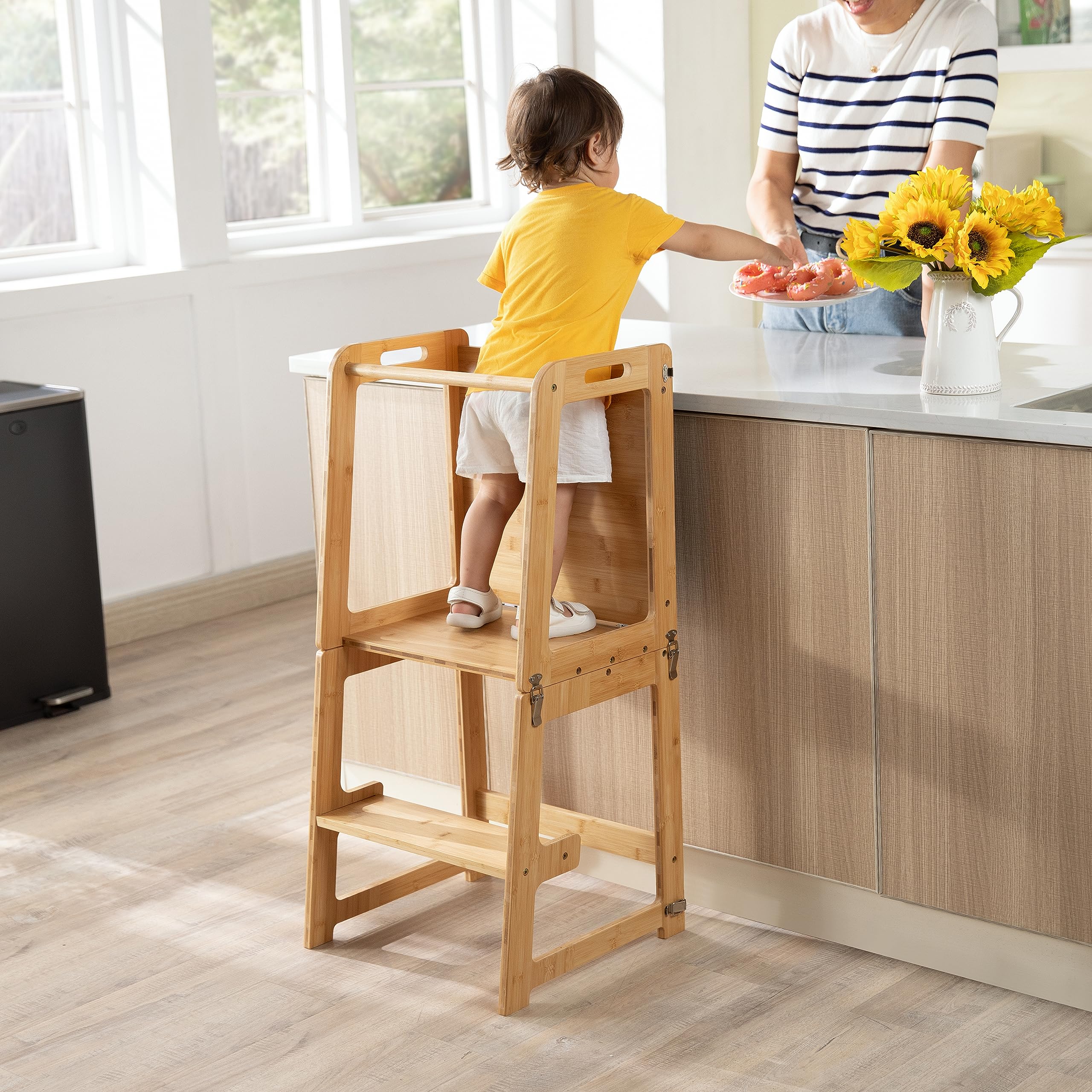 4-in-1 Standing Tower for Toddlers and Kids 1-6 Years, Bamboo Kitchen Learning Helper Stool with Chalkboard, Desk Table, and Chair (Natural)