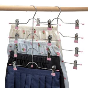 Solid Metal Skirt Hangers 4 Tier Pants Shorts Hangers Space Saving Hangers with Adjustable Clips Non Slip Grip for Slacks, Trousers, Shorts, Jeans, Towels, Pink, (2 Pieces) HL04P