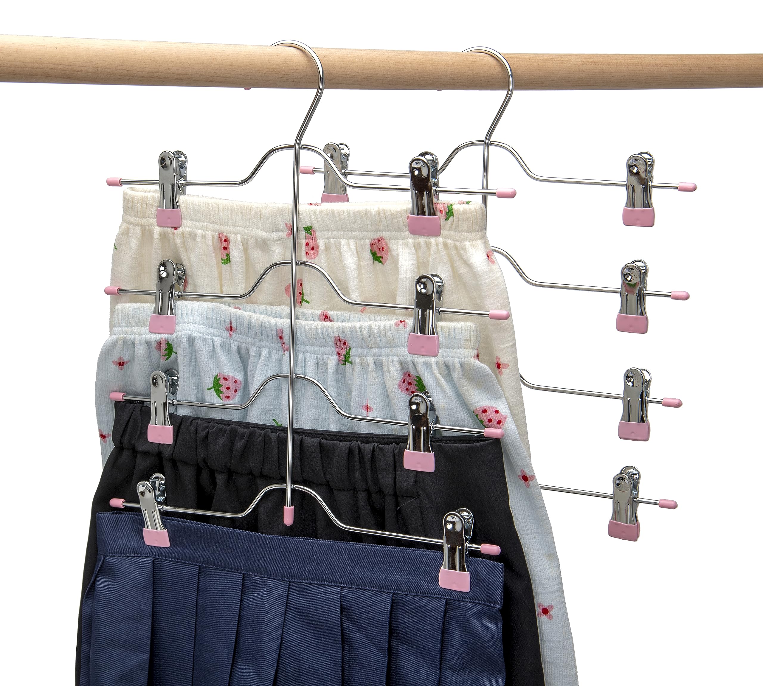 Solid Metal Skirt Hangers 4 Tier Pants Shorts Hangers Space Saving Hangers with Adjustable Clips Non Slip Grip for Slacks, Trousers, Shorts, Jeans, Towels, Pink, (2 Pieces) HL04P