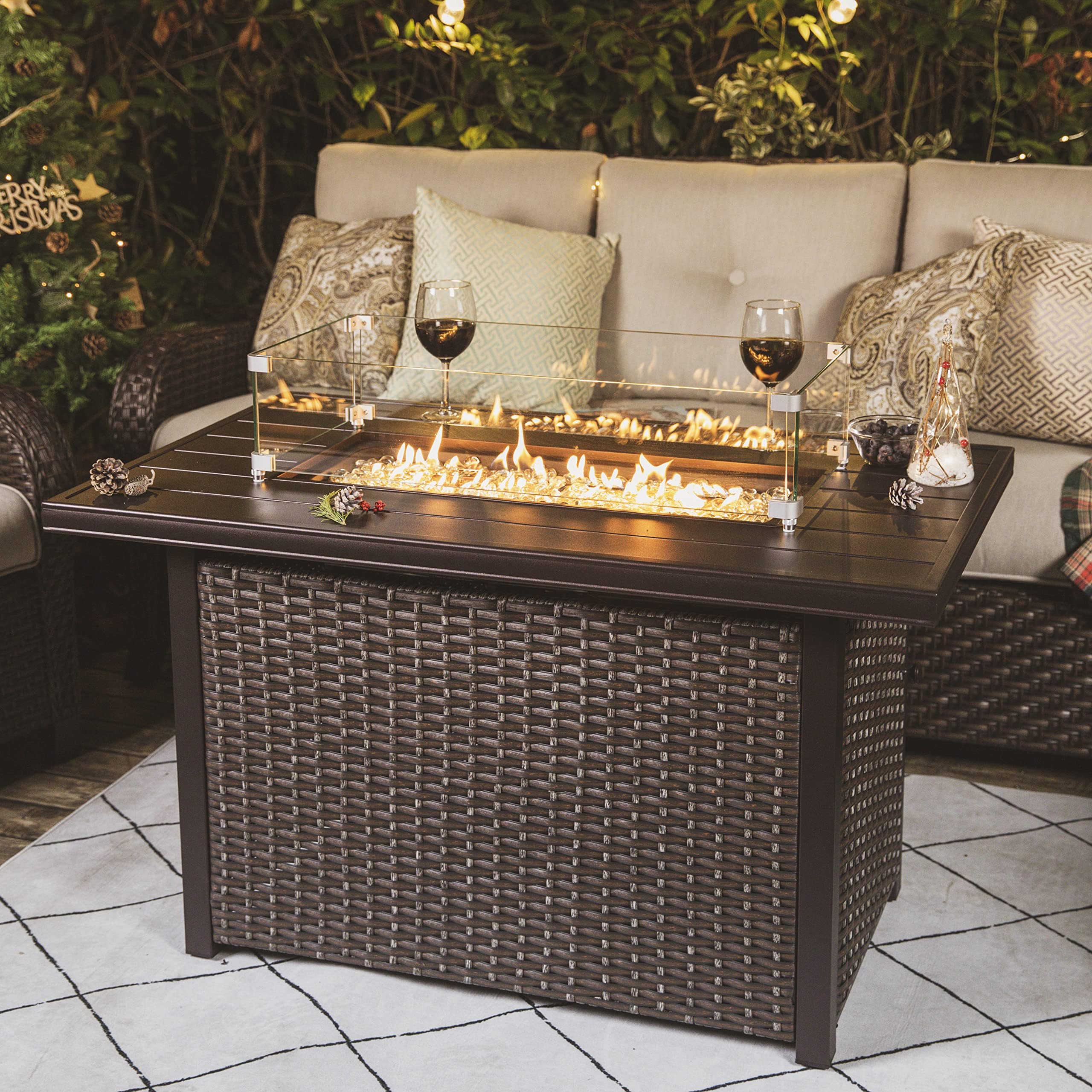 Nuu Garden Outdoor 43-inch 50,000 BTU Propane Gas Fire Pit Table, Aluminum Tabletop and PE Rattan Weaved Steel Frame, Water-Proof Oxford Cover, Glass Fire Pit Wind Guard, Glass Beads, Lid, Dark Brown