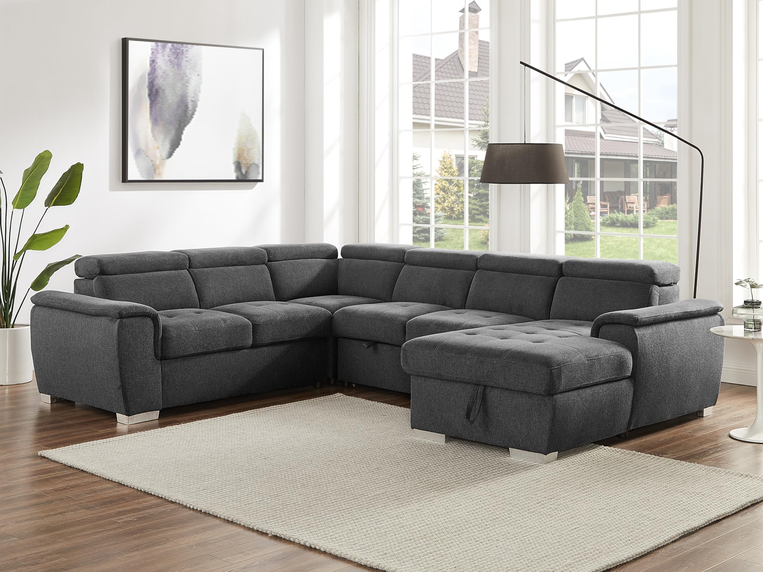 THSUPER 125'' U Shaped Sectional Sleeper Sofa with Pull Out Bed, Storage Chaise Lounge, and Adjustable Headrest, U Shaped Sectional Couches for Living Room - Dark Grey