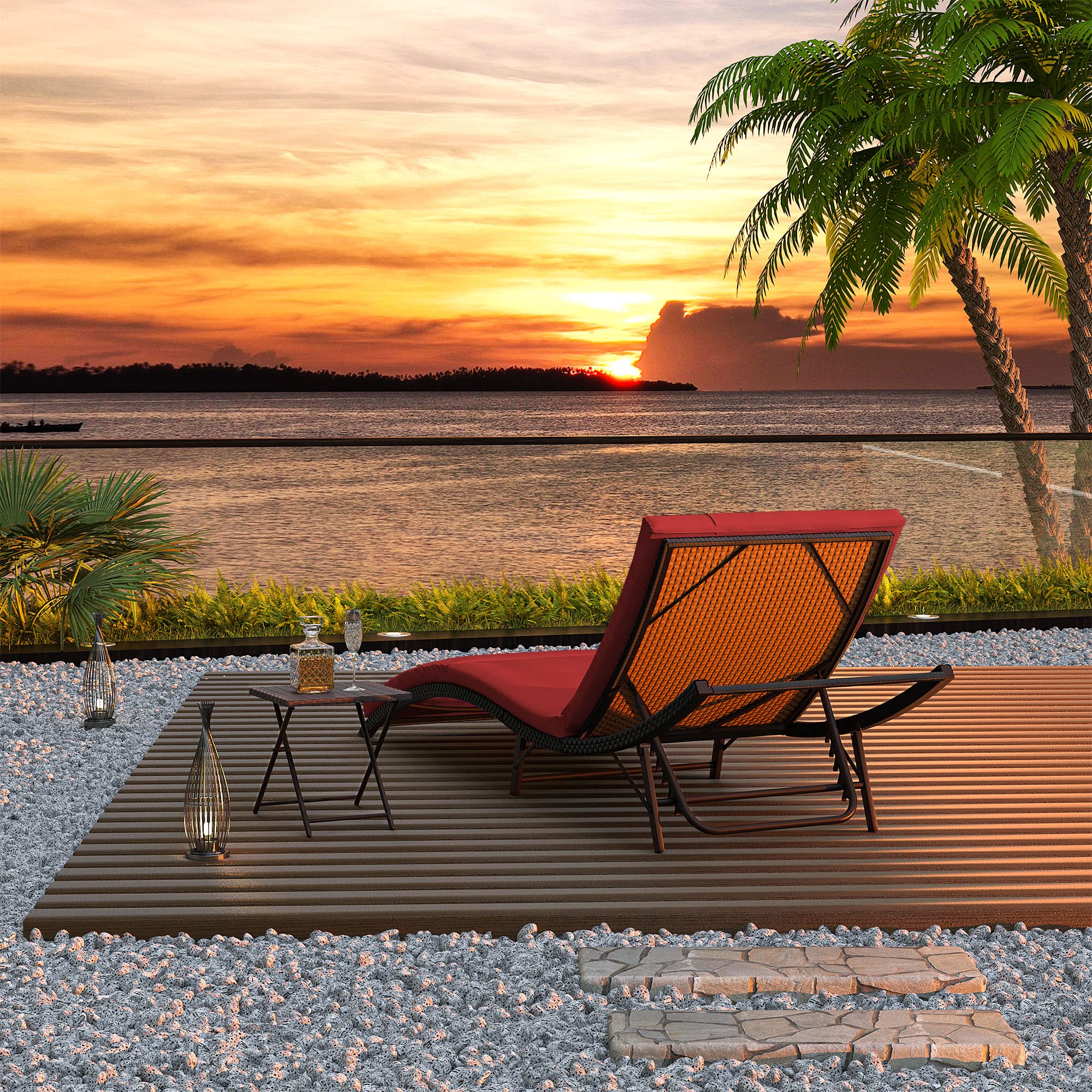 RTDTD 3 Pieces Patio Chaise Lounge Set Outdoor PE Rattan Lounge Chair Adjustable Backrest Reclining Chair with Folding Table and Cushion for Patio Poolside Backyard Porch Beach(Red)