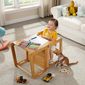 4-in-1 Standing Tower for Toddlers and Kids 1-6 Years, Bamboo Kitchen Learning Helper Stool with Chalkboard, Desk Table, and Chair (Natural)