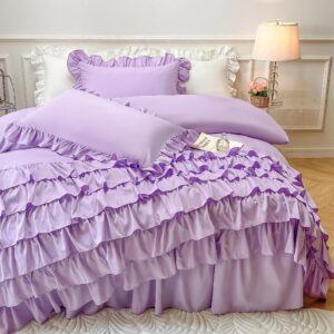 MOOWOO Girls Bedding,Waterfall Ruffle Duvet Cover -Twin 2 Piece Shabby Chic Bedding Solid Color Soft and Breathable with Zipper Closure,Corner Ties,Aesthetic Bedding-Purple,Twin