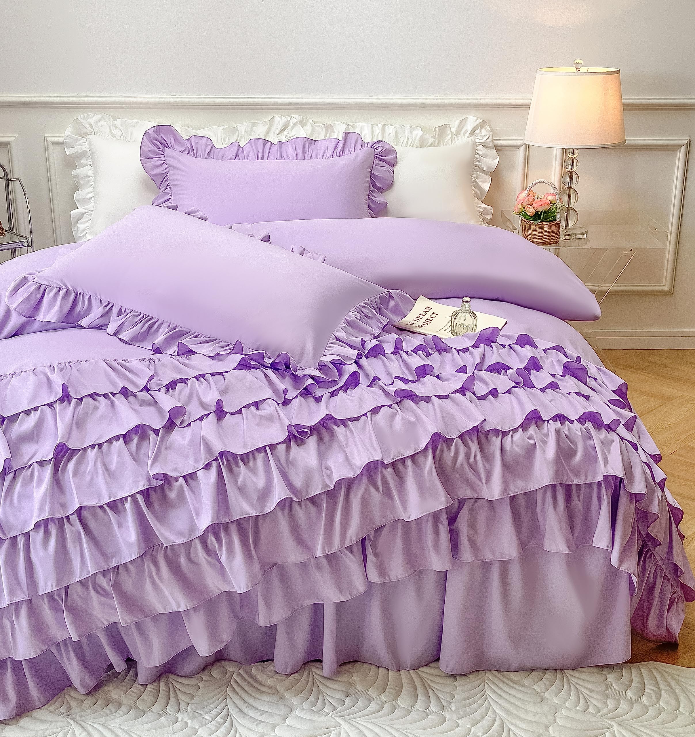 MOOWOO Girls Bedding,Waterfall Ruffle Duvet Cover -Twin 2 Piece Shabby Chic Bedding Solid Color Soft and Breathable with Zipper Closure,Corner Ties,Aesthetic Bedding-Purple,Twin