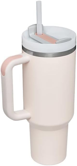 GOGOJOVE 40 OZ Tumbler with Handle and Straw,Double Wall Vacuum Reusable Stainless Steel Water Bottle for Home, Office or Car,Keep Hot/Cold for Hours (Rose Quartz)