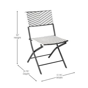 Flash Furniture Rouen Commercial Grade Folding Bistro Set, Indoor/Outdoor PE Rattan Table Top, Back and Seat, Black Steel Frames, 3 Piece Set, Black/White