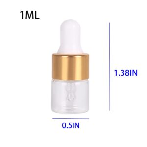 Hauioe 50 Clear glass Dropper Bottle 1/3/5ML Essential Oil dropper Bottle and Measuring Pipette Golden Bottle with Lid Empty tincture Bottle Perfume Cosmetic Travel Liquid Container