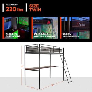 X Rocker HQ Twin Loft Gaming Bed, Durable Black Metal Frame, Built-In Console Shelving, Safe Ladder, Grid Mesh Sides, 78" x 61.4" x 72", Black