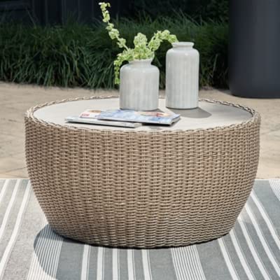 Signature Design by Ashley Danson Bohemian Outdoor Resin Wicker Round Coffee Table, Brown