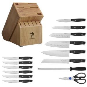 henckels refined razor-sharp 15-piece self sharpening knife block set, chef knife, bread knife, steak knife, german engineered knife informed by 100+ years of mastery