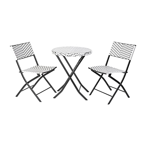 Flash Furniture Rouen Commercial Grade Folding Bistro Set, Indoor/Outdoor PE Rattan Table Top, Back and Seat, Black Steel Frames, 3 Piece Set, Black/White