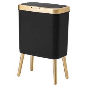 procade office trash can with lid, black bathroom trash can with gold edge, modern narrow garbage can with legs, slim plastic trash bin for bedroom, living room,kitchen,toilet, 4 gallon