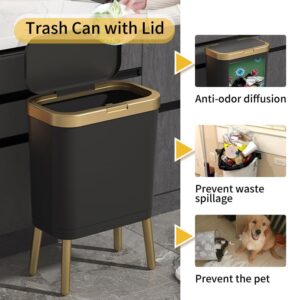 Procade Office Trash Can with Lid, Black Bathroom Trash Can with Gold Edge, Modern Narrow Garbage Can with Legs, Slim Plastic Trash Bin for Bedroom, Living Room,Kitchen,Toilet, 4 Gallon