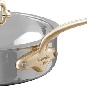 Mauviel M'Cook B 5-Ply Polished Stainless Steel Saute Pan With Lid, Brass & Helper Handle, 6.2-qt, Made In France