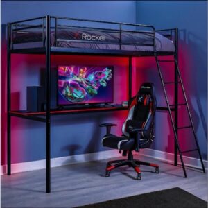 x rocker hq twin loft gaming bed, durable black metal frame, built-in console shelving, safe ladder, grid mesh sides, 78" x 61.4" x 72", black